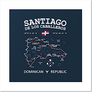 Dominican Republic Map Flag Santiago de los Caballeros Coordinates Roads Rivers and Oceans White Posters and Art